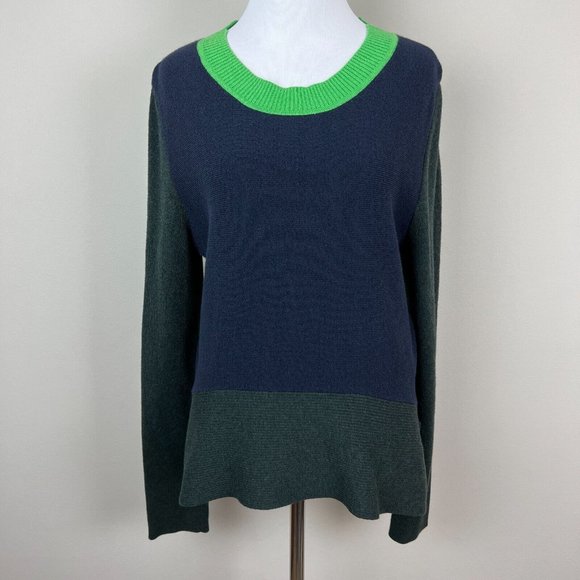 Tome Sweater Women Large Navy Green Colorblock Merino Wool Cotton Slit Peplum - Picture 2 of 15